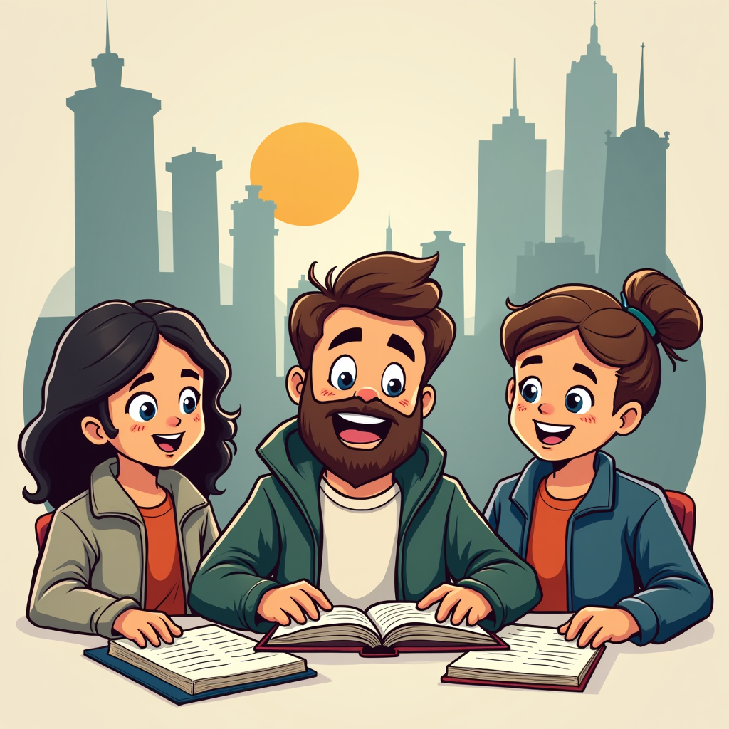 Three cartoon characters are studying together with open books, against a background of city skyscrapers and a setting sun.