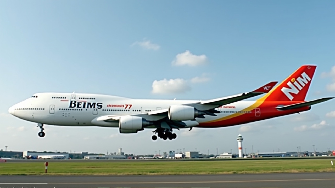 The image features a Boeing 747 belonging to Nim Airlines, captured as it approaches the runway for landing. The aircraft is predominantly white with striking red and yellow branding. The background showcases an airport environment, indicating a busy air transport hub. There is a clear blue sky, providing ideal conditions for flying. This image exemplifies the grandeur of commercial aviation, showcasing the iconic design of the Boeing 747.