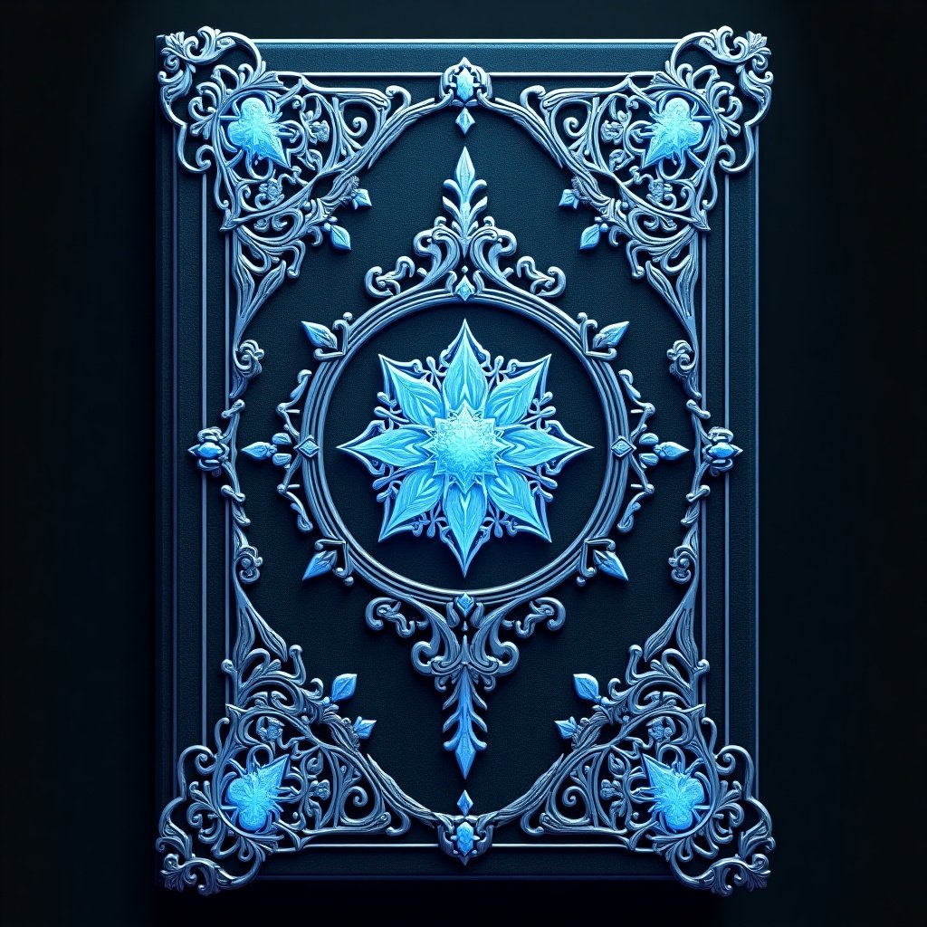 Cover design for a grimoire inspired by Black Clover. Theme centered around ice magic. Various shades of blue featured throughout the design. Detailed and ornate decorations.