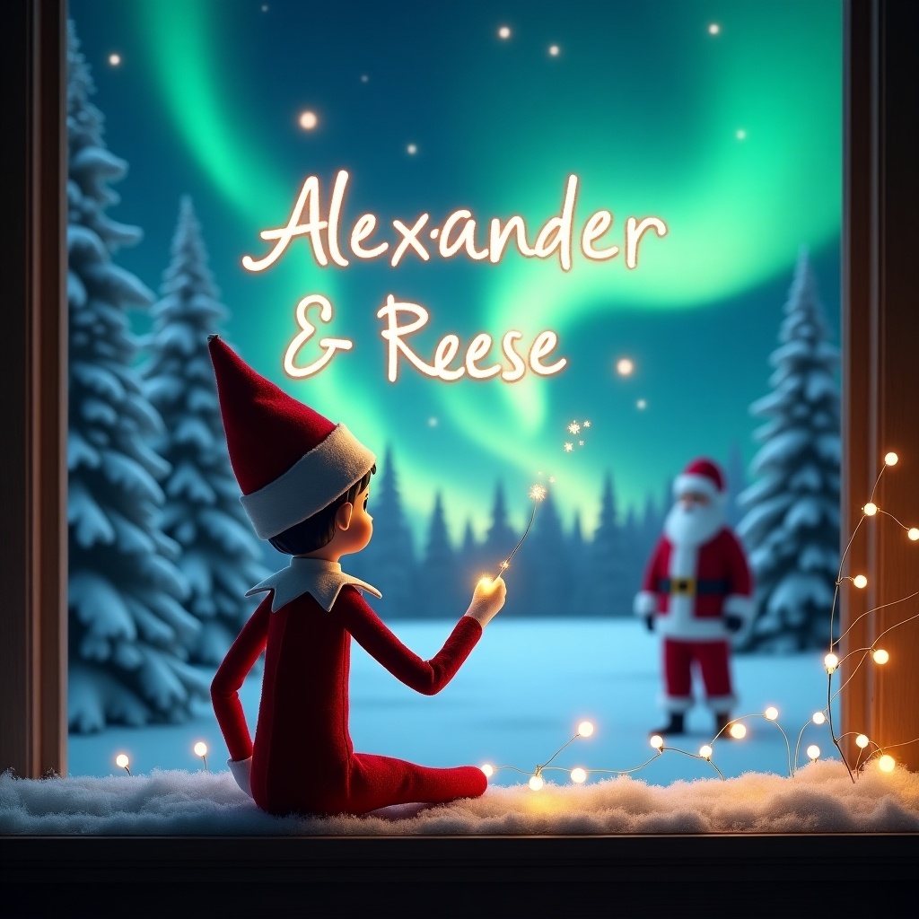 An elf on the shelf is seen with his back towards the viewer, facing a beautiful winter landscape. He holds a magic wand, using it to write the name 'Alexander & Reese' in the sky. The background features mesmerizing northern lights illuminating the night. In the distance, Santa Claus stands amidst the snow-covered trees. This scene captures the essence of Christmas magic and wonder, inviting viewers into a whimsical holiday world.