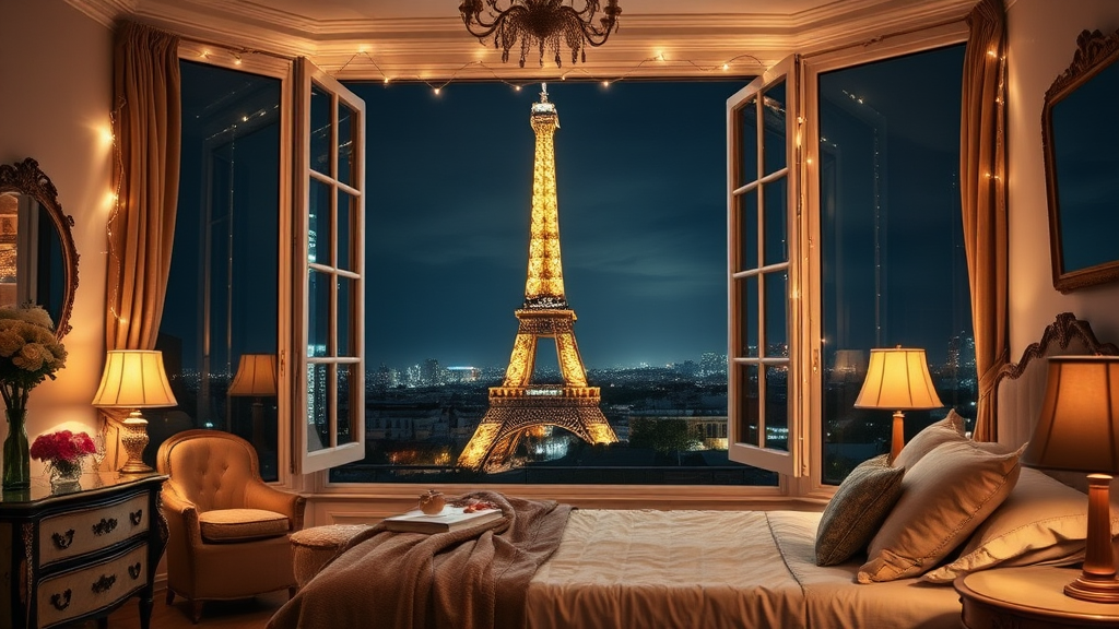 A cozy bedroom with elegant decor and a stunning view of the illuminated Eiffel Tower through large open windows.