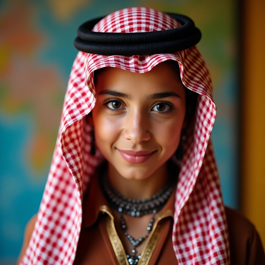 Portrait of a young person wearing traditional Middle Eastern attire. Background features a blurred world map. The individual exhibits traits of both Saudi and Syrian heritage. Young person smiles gently.