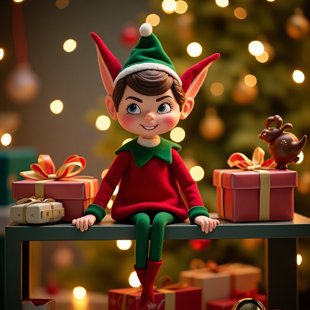 Doll resembling an elf sitting on a table. Elf has oversized ears and a cheerful expression. Surrounding the elf are colorful gift boxes. Background features a softly lit Christmas tree.