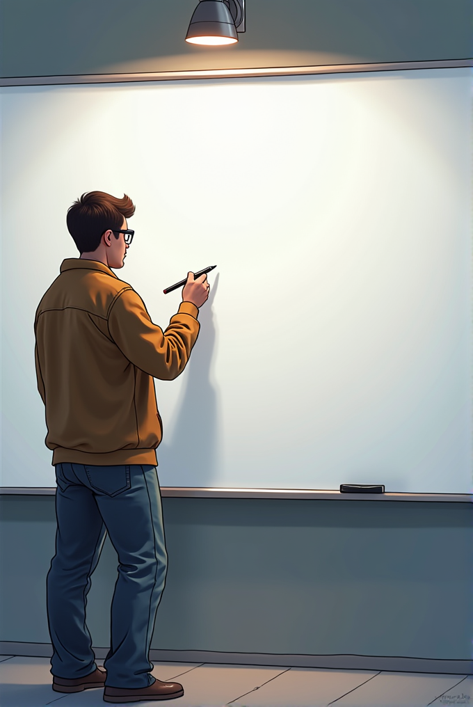 A person stands in front of a large blank whiteboard holding a marker.