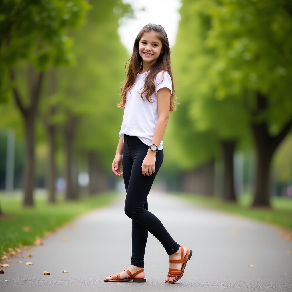 A teen dressed in tight leggings and sandals stands on a path surrounded by trees. The teen poses confidently while looking away from the camera. The background features a canopy of green trees lining the pathway.