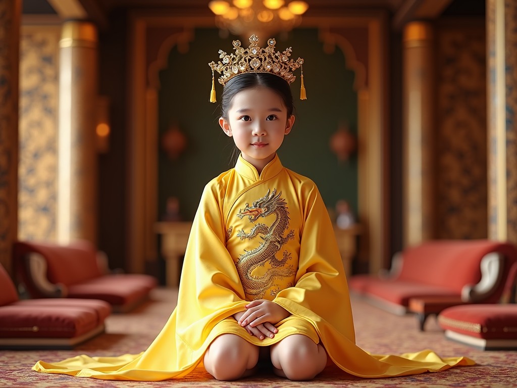 The image features a young child dressed in a traditional, elegant yellow ensemble, adorned with an intricate dragon design. The child wears an ornate crown, symbolizing royalty, and sits gracefully in a luxurious room with vibrant red and gold hues, exuding an atmosphere of peaceful opulence.