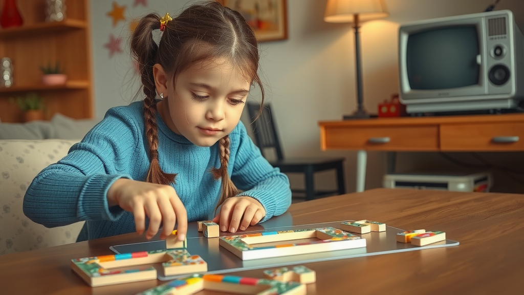 A young girl with braids engages in assembling a block puzzle thoughtfully.