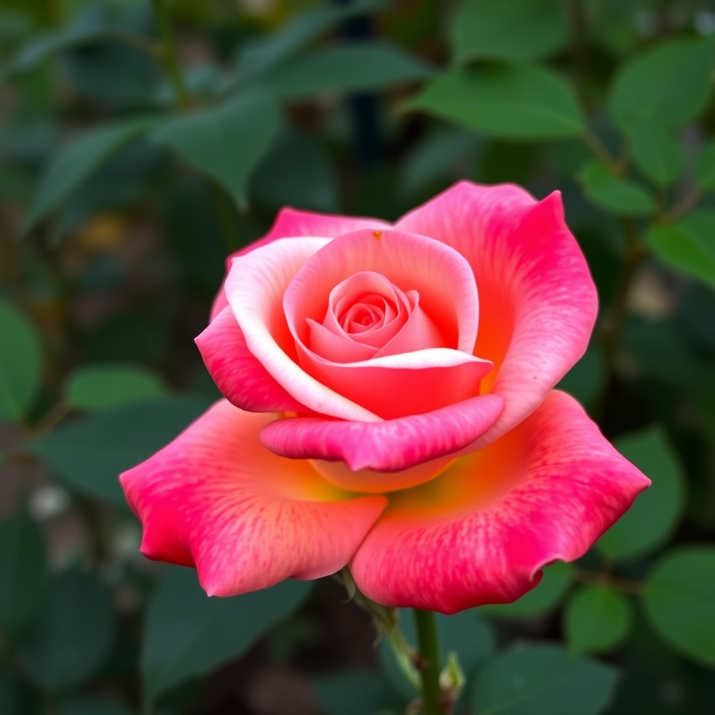 A vibrant pink rose in full bloom against a backdrop of lush green leaves.