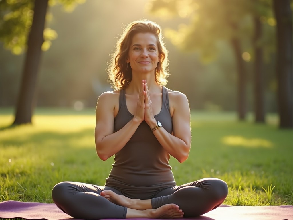 A yoga teacher practices meditation in a serene outdoor setting. She sits on a yoga mat, with her hands in a prayer position. The sun is setting, casting a warm glow around her. Green grass surrounds her, and trees provide a calming backdrop. The overall atmosphere is peaceful and encouraging mindfulness.