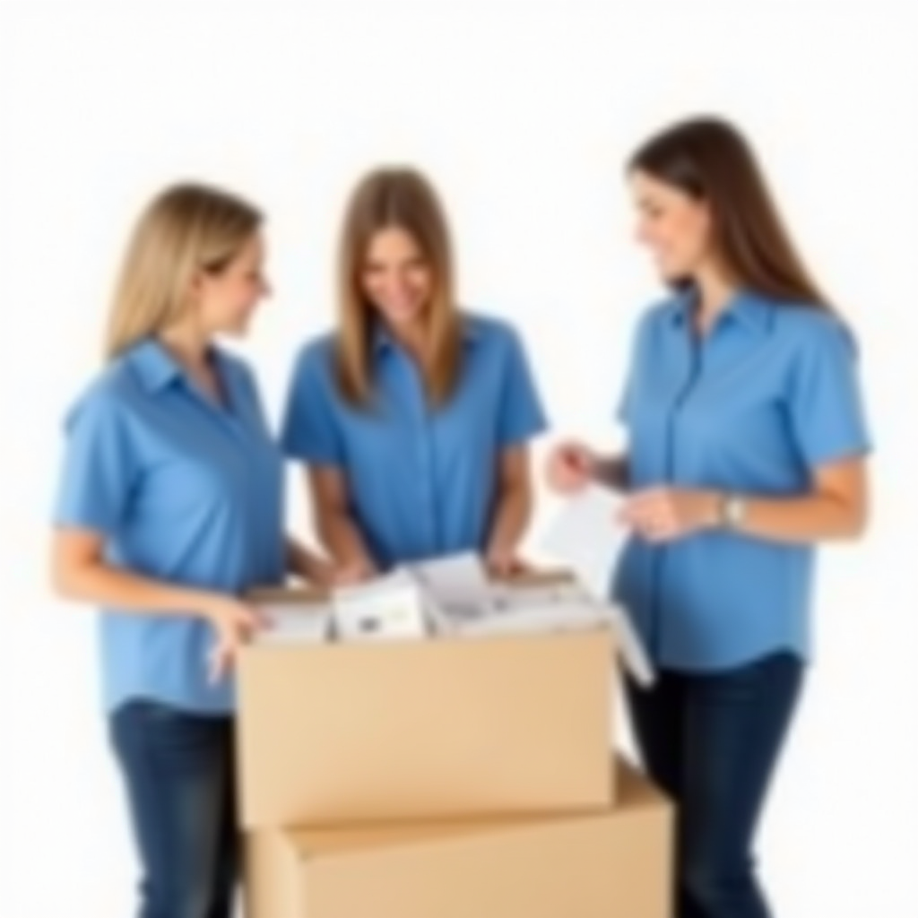 The image shows three women standing together wearing coordinated blue shirts and jeans. They are engaged in a task involving two large cardboard boxes placed in front of them. One of the women is holding a piece of paper, likely an order list or instructions, while the other two appear to be examining the contents of the boxes. The background is plain and white, focusing attention on the women and their activity, suggesting a setting related to packing or shipping items. Their expressions suggest concentration on the task at hand.