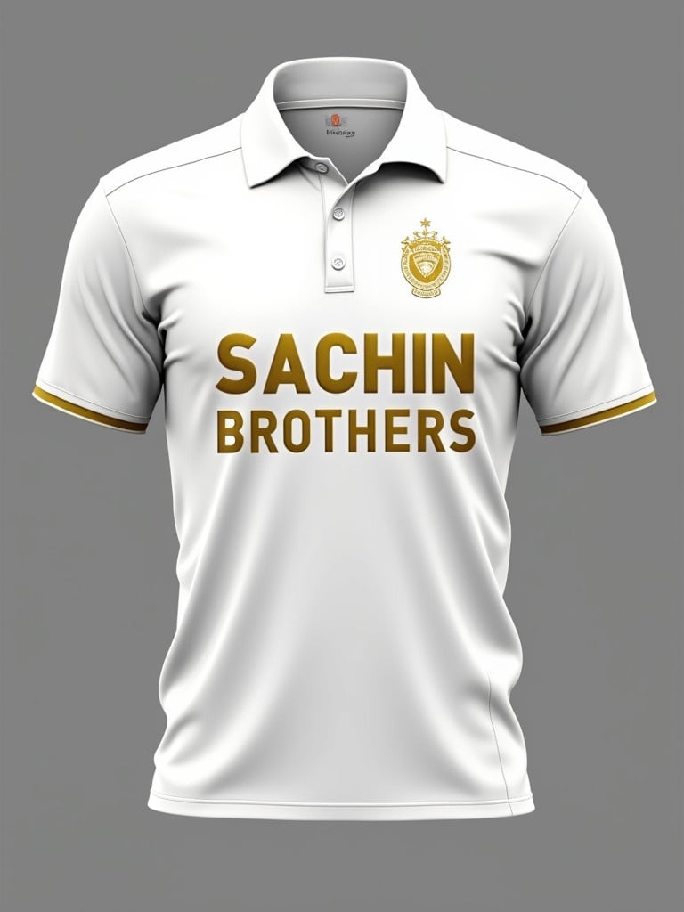 Cricket jersey features a white color scheme with gold text. The text reads 'SACHIN BROTHERS' prominently on the front. The design showcases a modern cut for athletes. Suitable for display in sports shops or online marketplaces.