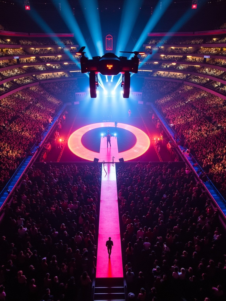 Aerial view of Travis Scott's concert at Madison Square Garden. The stage features a circular design with a runway. The audience is packed, and colorful lights illuminate the scene from above.