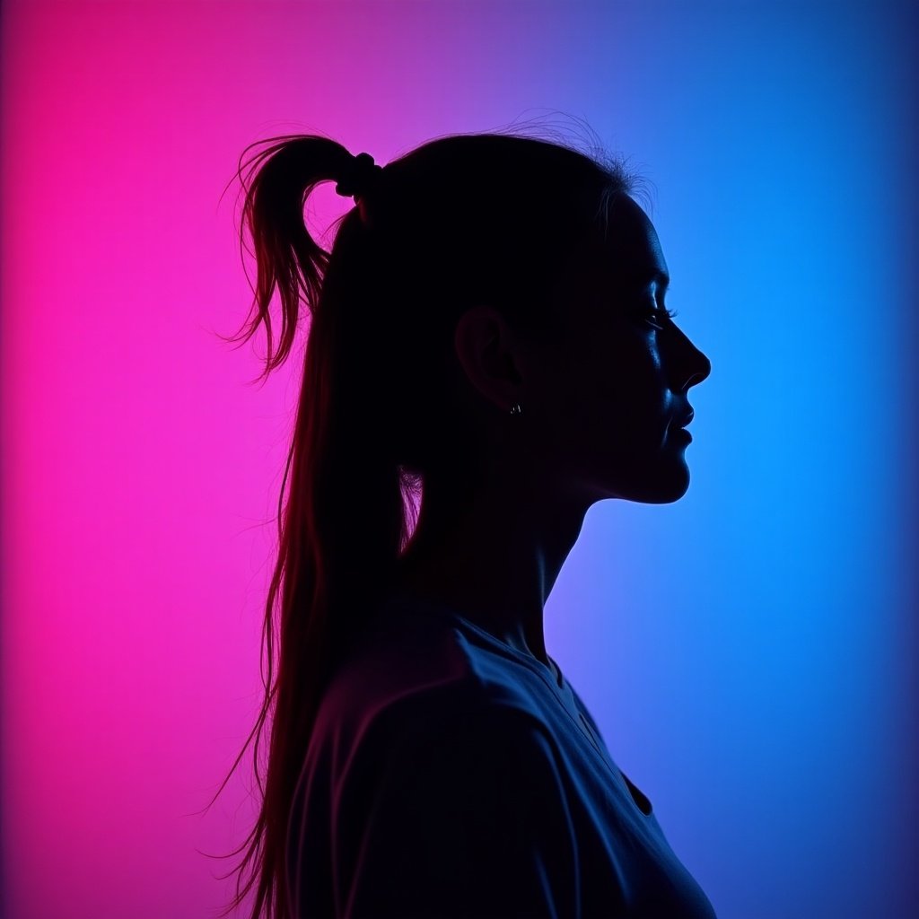 Silhouette of a person with hair tied back in a ponytail. Background transitions from deep pink to bright blue. Light creates contrast, highlighting contours. Modern artistic effect from color blend.