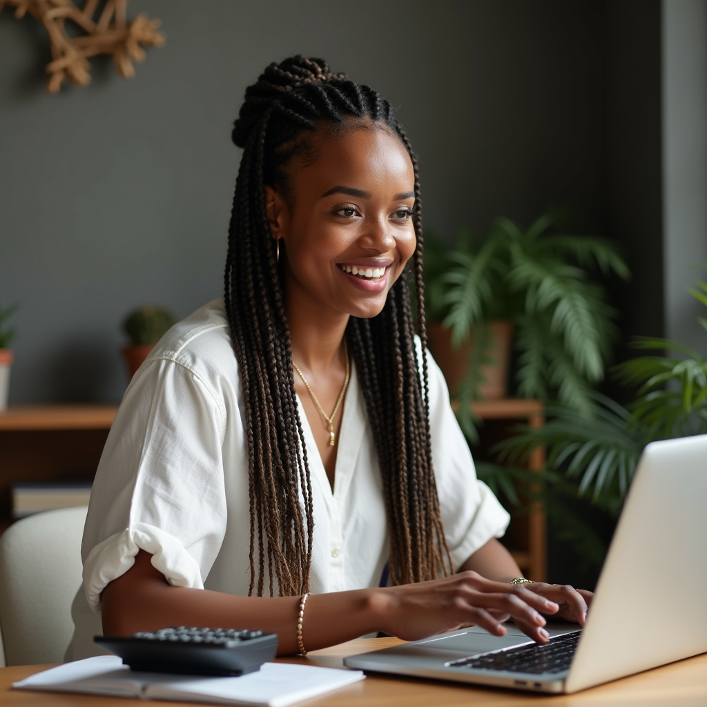 A smiling woman with braided hair works on a laptop at a desk surrounded by plants, creating a calm and productive workspace.