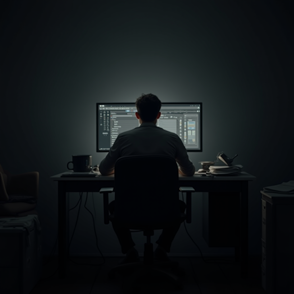 A person sitting alone in a dimly lit room, focused on their computer screen.