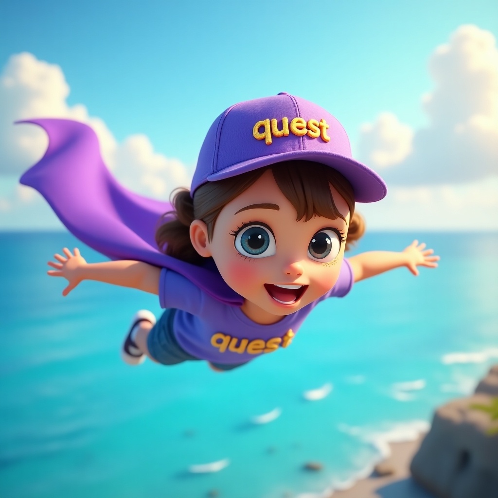 A young girl is flying near the Caribbean sea. She wears a purple cape and a baseball hat. Her shirt has the word quest. The scene is joyful and magical with bright clouds.