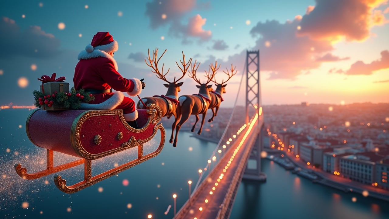 Aerial shot of Santa flying on his sleigh over the Tagus Bridge in Lisbon. Magical atmosphere with sparkles transforming into BIM models of landmarks in the city. Ultrarealistic style, Arriflex Alexa shot.