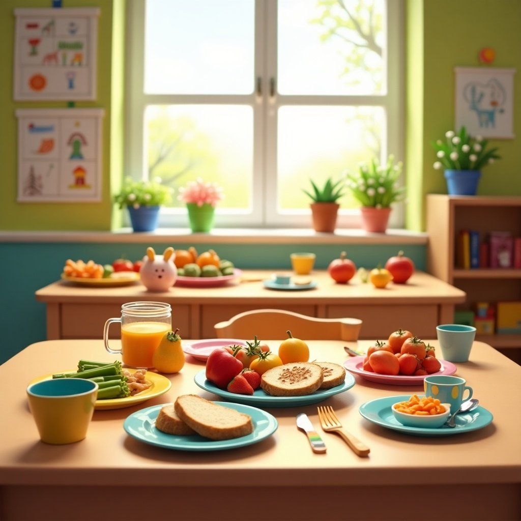 A vibrant nursery school lunch setting with a table full of colorful food items. There are plates with sandwiches, fruits, and pasta. Bright dishes and a sunny room filled with plants. Educational posters on walls enhance the cheerful atmosphere.