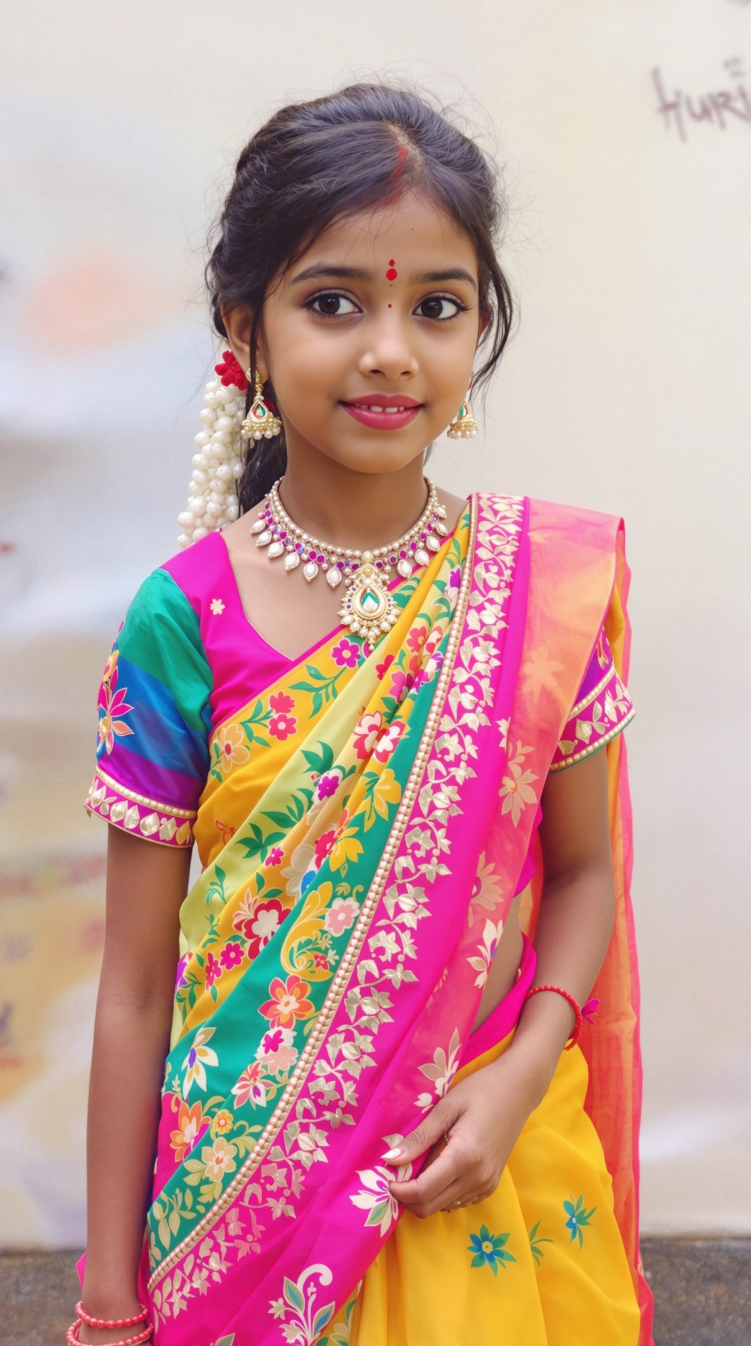 This image features a young girl exuding innocence and charm. She is dressed in a brightly colored lehenga with intricate embroidery. Her outfit is vibrant, with pink, yellow, and green hues that reflect cultural heritage. The girl carries herself with both elegance and simplicity, making her appear like a delicate princess. Her expression is joyful, enhancing the overall festive vibe.