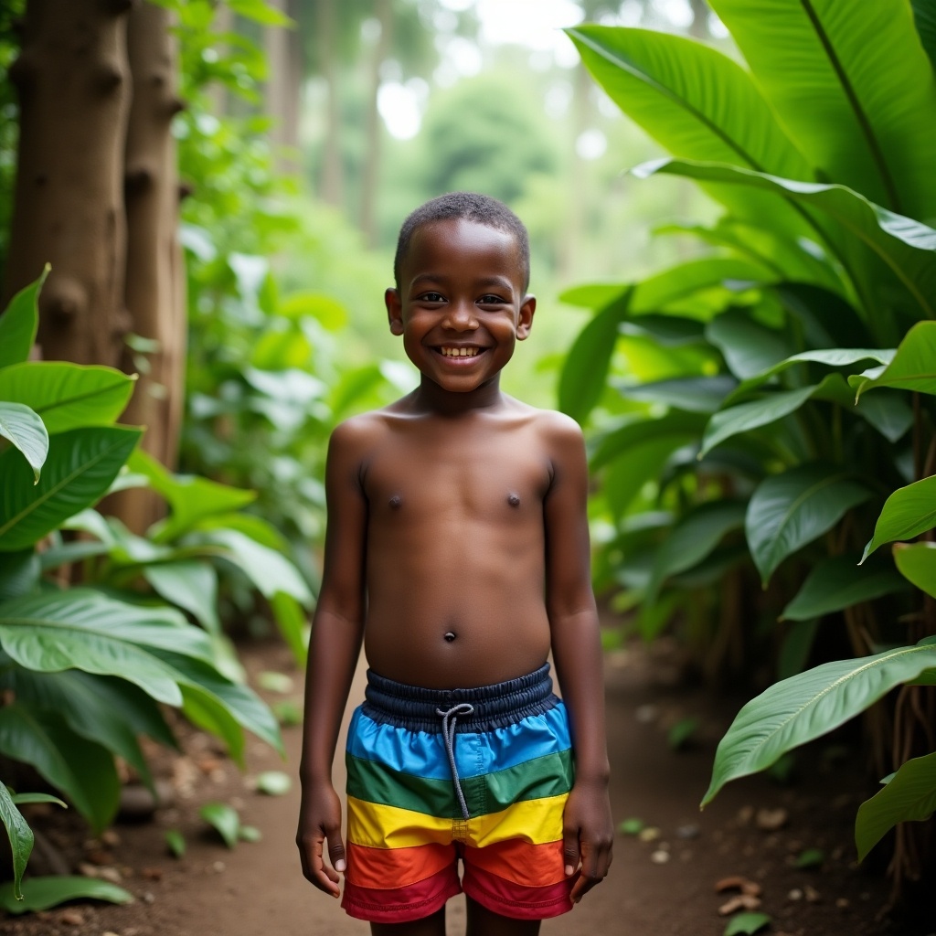 A young boy is standing confidently in the midst of a lush jungle in Uganda. He is wearing bright, colorful swimming trunks with stripes. Surrounding him are vibrant green plants and trees, indicating a rich natural environment. The atmosphere is cheerful and lively, reflecting the joy of childhood. Sunlight filters through the foliage, highlighting his smile and playful stance. This scene captures the essence of adventure and exploration in nature.