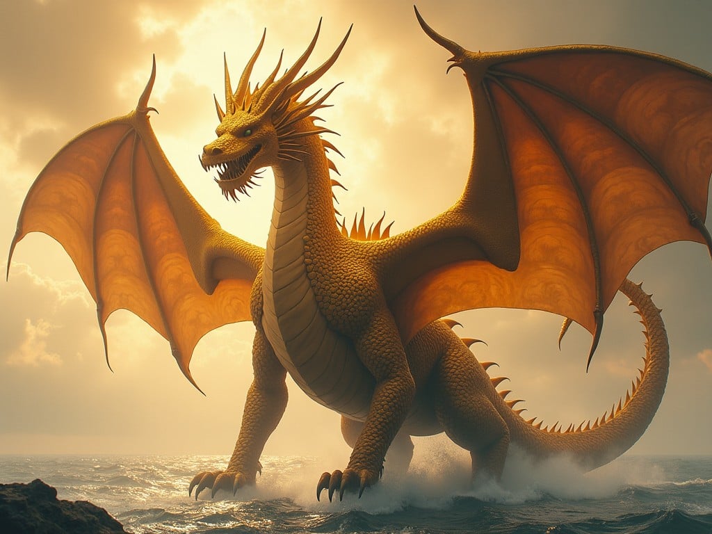 The image portrays a majestic golden dragon, standing at the edge of a turbulent sea. This dragon is characterized by its two powerful legs and three elongated necks, each topped with fierce heads. Its giant bat-like wings spread wide against a backdrop of dramatic skies, evoking a sense of grandeur. The design is heavily inspired by the mythical Yamata no Orochi, an eight-headed dragon from Japan. The scene conveys a mythical battle readiness, as the dragon stands stalwart against the waves, with its two tails billowing in the wind.