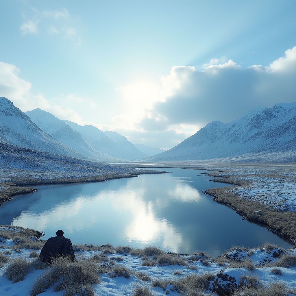 A person gazes at a serene snowy mountain landscape with a shimmering river.