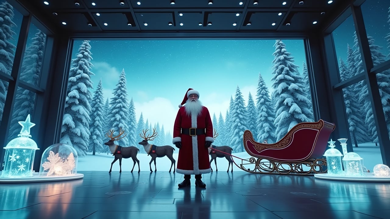 Cinematic image showcases Santa Claus in a high-tech room. Holographic designs add a modern touch. Openings reveal snowy woods and sky. Sleigh with reindeer parked. Wide shot with Santa surrounded by glowing models.