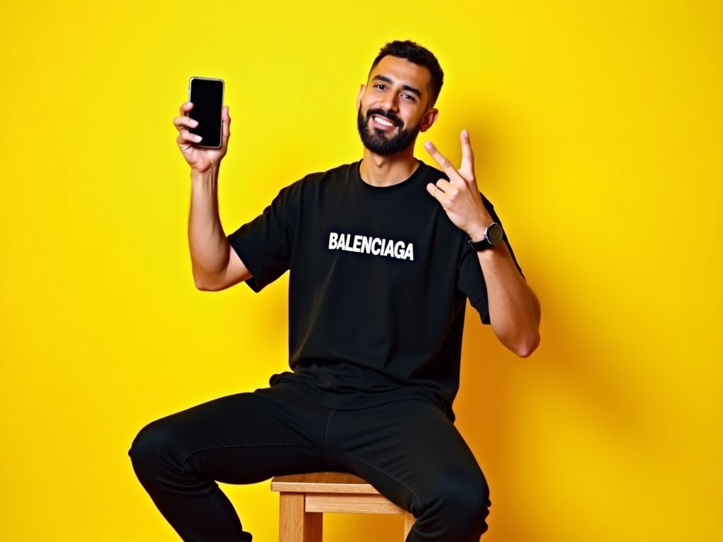 The image features a man seated on a stool in front of a vibrant yellow background. He is wearing a black Balenciaga t-shirt and black pants, giving off a casual yet stylish vibe. The man is holding a phone in one hand while making a peace sign with the other hand. His expression looks relaxed and confident, adding to the laid-back atmosphere of the shot. The combination of the bright background and his dark clothing creates a striking contrast, emphasizing his presence in the photo.