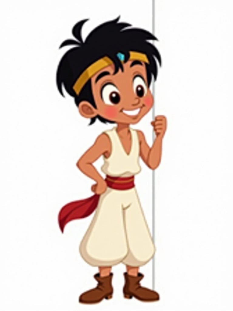 Flat vector illustration of Aladdin with black outline on solid white background. Outfit includes white sleeveless vest high collar and loose white pants with red sash. He wears worn brown boots and a gold headband with blue gemstone. Dark messy hair with strands across forehead. Bright brown eyes full of curiosity and kindness. Small nose and gentle smile create an endearing appearance. In a Peeker Design pose leaning slightly forward peeking out excitedly from an invisible corner.