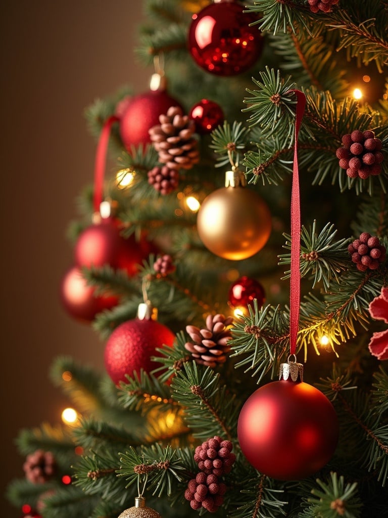 Close-up image of a Christmas tree decorated with red and gold ornaments. Pine cones and berries add a more festive touch. Warm light creates a cozy atmosphere.