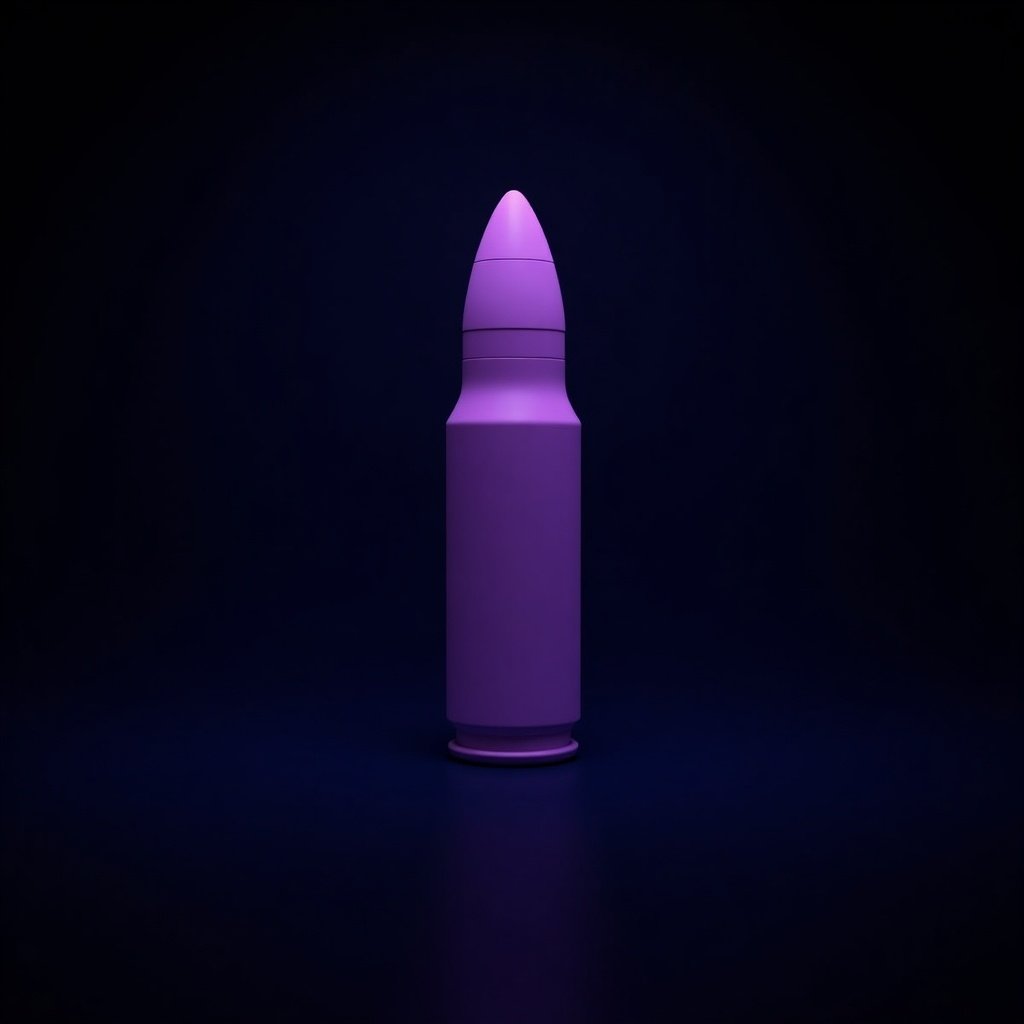 A purple bullet lies on a gradient background of blue and black colors. The bullet is depicted in a frontal view. The lighting emphasizes the sleekness of the bullet.