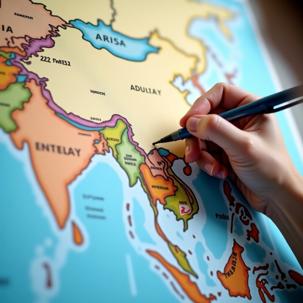 A hand is shown writing on a colorful map of Asia with a pen. The map is detailed, showcasing various countries and regions across the continent. Bright colors highlight different areas, making the map visually engaging. This image suggests planning for travel or educational purposes. The act of writing indicates active engagement in organizing a trip or learning geography.