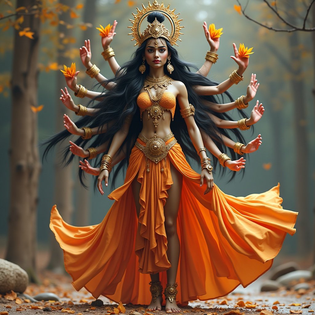 Full body depiction of Mata Parvati modeled with multiple arms. Enchanting expressions that evoke divinity. Vibrant orange dress and gold jewelry complement natural surroundings. The lush green and earthy tones add contrast. The figure stands confidently in a serene forest setting.