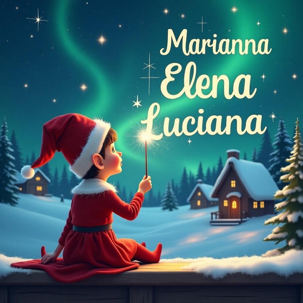 A girl elf sits on a wooden ledge, looking back at a magical sky. She wears a red dress and a pointed hat. Holding a wand, she writes the names 'Marianna', 'Elena', and 'Luciana' in the stars. The background includes a snowy landscape with charming houses and evergreen trees. The scene is illuminated by shimmering Northern Lights. This artwork captures the joy of childhood and the festive spirit of Christmas.