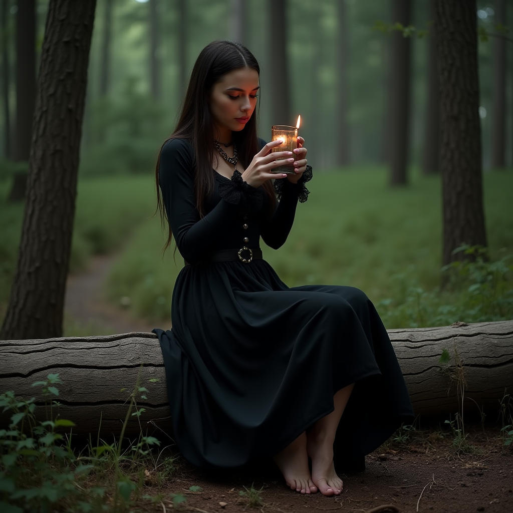 The image features a woman sitting on a fallen tree trunk in a dense, misty forest. She is dressed in a long black dress with lace details, adding a touch of mystique. Her hair is long and dark, flowing down naturally. She holds a lit candle in a glass container with both hands, gazing at it intently. The background reveals tall trees and a lush green undergrowth, creating a serene and mystical atmosphere. The overall tone is calm and enigmatic, suggesting a moment of quiet reflection or a magical ritual.