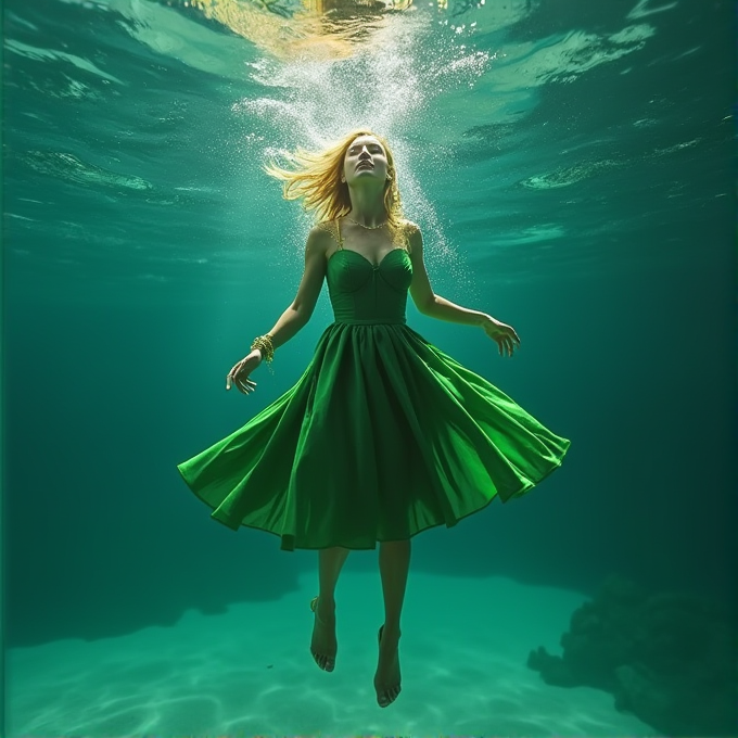 A woman gracefully floats underwater in a flowing green dress, surrounded by serene, turquoise water.