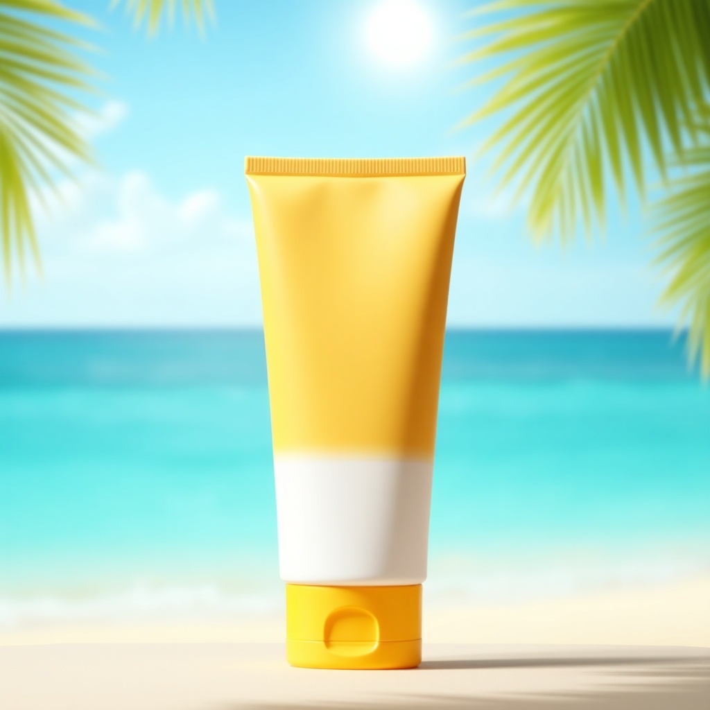 Image features tube of sunscreen on light-colored surface. Background shows sunny beach. Tube is light yellow transitioning to white with yellow cap. Bright sun and turquoise ocean in background.