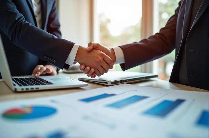 Two business people in suits are shaking hands over a laptop with graphs in the foreground.