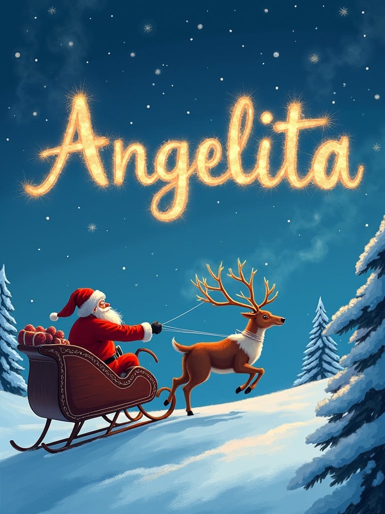 Santa Claus is in a sleigh with a reindeer. The scene is in a snowy landscape. Santa writes the name Angelita in the sky using a sparkler.