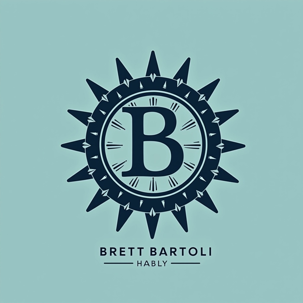 Logo design for Brett Bartoli emphasizing a nautical star and stylized letter B. Modern font selected with luxurious gradient. Layout configurations focus on balance and creativity. Colors include blues black and teals.