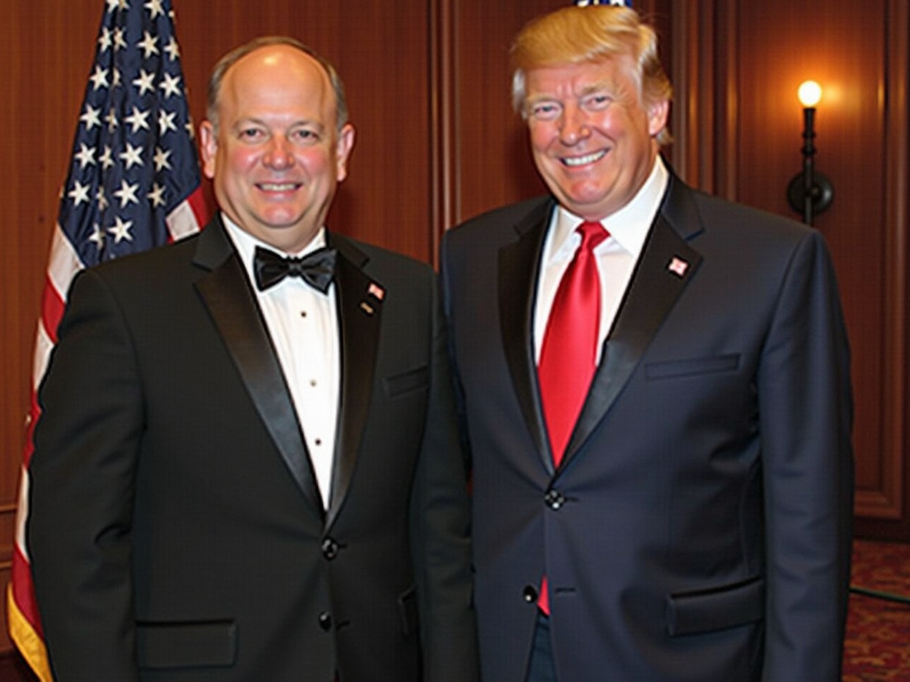 This image features two men in formal black tuxedos standing side by side. One of them is prominent in American politics, known for his distinctive style and many business ventures. The other person is likely connected to various events and initiatives. They are both smiling, suggesting a friendly interaction. Behind them are American flags, emphasizing a patriotic setting. The lighting highlights the formal attire, creating a sense of elegance and importance.