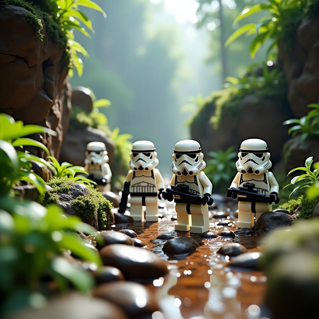 LEGO stormtroopers explore lush forest terrain. Rocky ground and flowing water feature prominently. Green plants surround character figures.