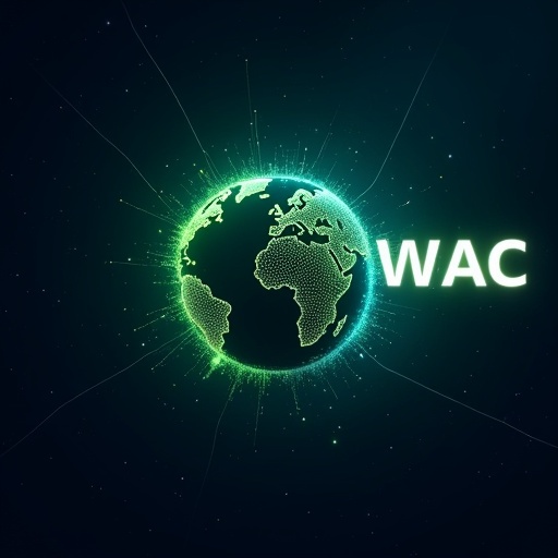 A dark blue starry background is used. A glowing globe is highlighted with green connection lines that wrap around it. Text overlay of 'WAC' in bold white Montserrat font is placed in the top-right corner. Subtle green particles symbolize growth and renewal.