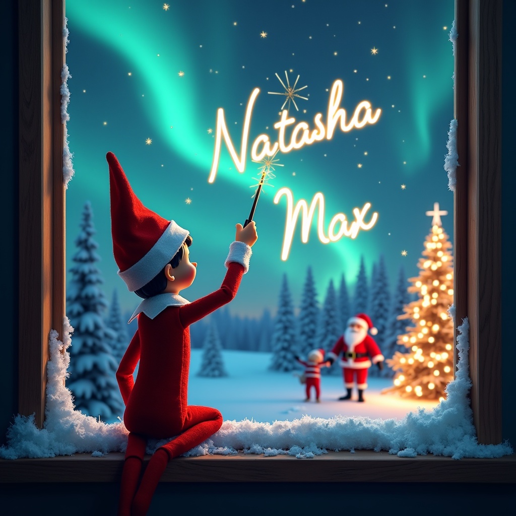 An enchanting Christmas scene features an elf on the shelf with his back to the viewer, gazing up at a magical sky. The elf is using a wand to elegantly write the names 'Natasha' and 'Max' in the air. In the background, the landscape is illuminated by beautiful northern lights and adorned with a Christmas tree sparkling with lights. Santa Claus is visible in the distance, creating a whimsical and festive atmosphere. Snow gently covers the window ledge, adding to the cozy feel of the scene.