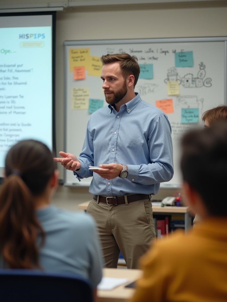 Teacher engages with students in a classroom setting. Educational materials are visible on the whiteboard. Students are paying attention and participating in the lesson.