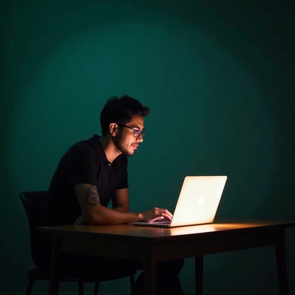 A person is sitting at a wooden table, deeply focused on a glowing laptop screen. The background is illuminated with a soothing teal light, creating a calm atmosphere. The individual appears engaged in their work, with a look of concentration. This setting signifies a late-night study or work session. The wooden table adds a rustic charm to the modern tech environment.