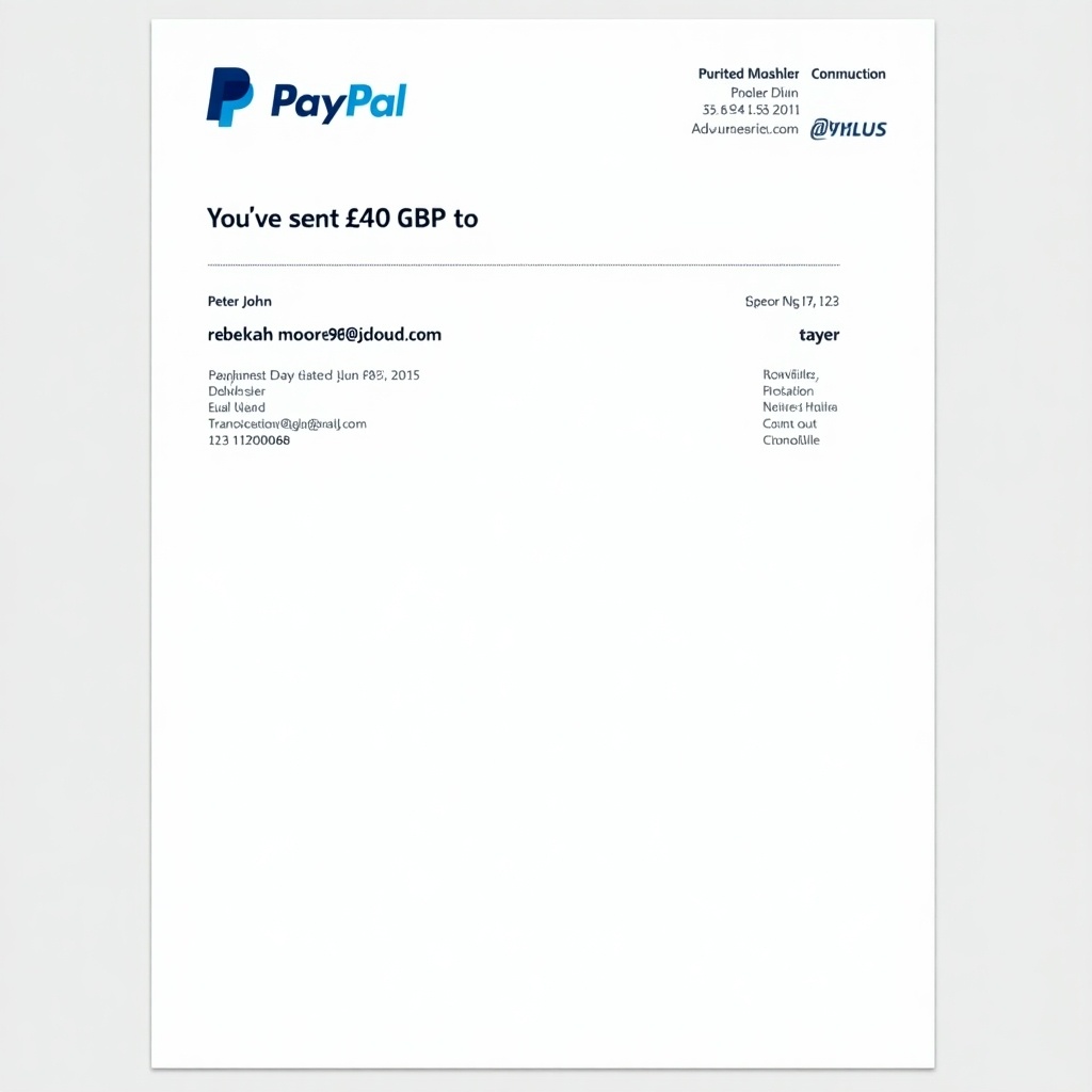 Document confirming payment of £40 to Peter John. Includes PayPal logo and key details like sender name, transaction amount, and email. Features a clean design common in online payment confirmations.