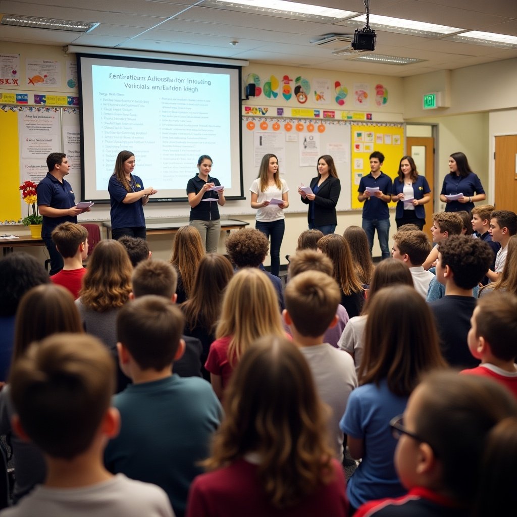 School assembly hosting announcement for daily test results. Students and teachers engaged in activities. Classroom setting with chairs filled with students.