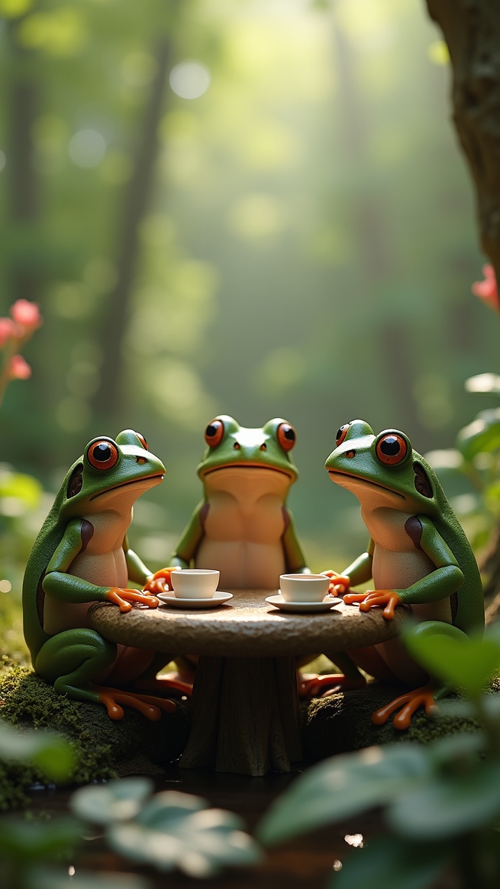 Three whimsical cartoon frogs having tea at a small table in a lush forest setting.