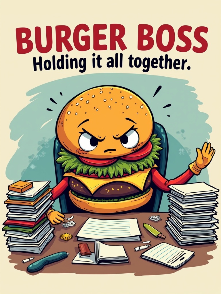 Illustration of a burger character at a desk looking upset with scattered papers. The character has a frown and is wearing a lettuce collar. The caption says 'Burger Boss: Holding it all together.'